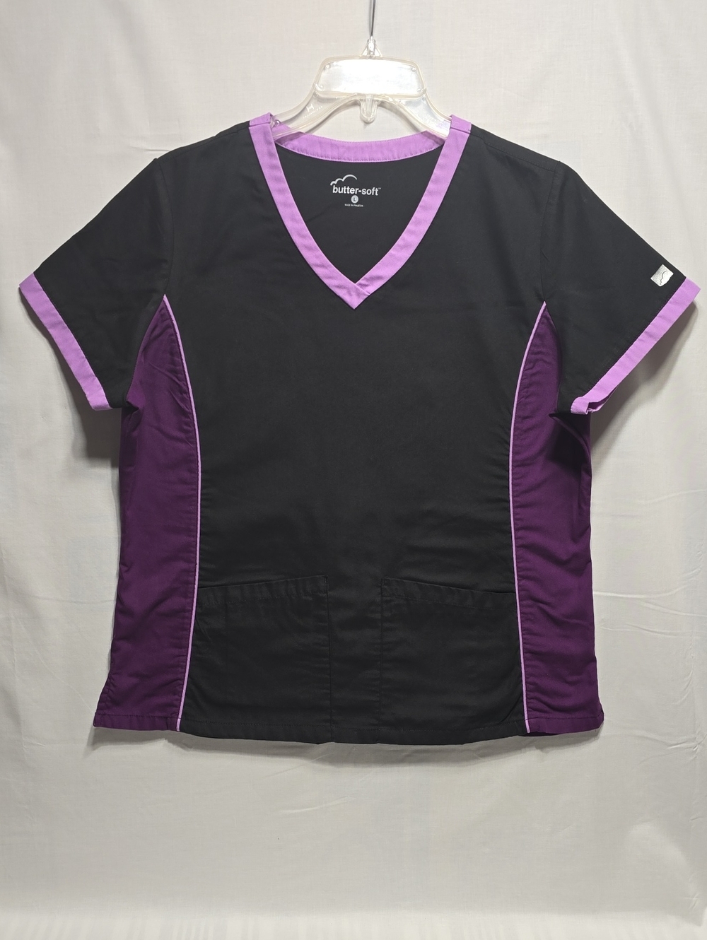 Butter Soft Black V-Neck Scrub Top with Purple Trim